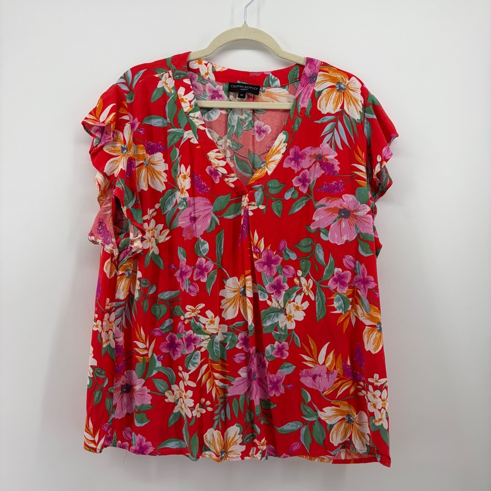 Cynthia Rowley Womens 2X Red Floral Blouse V-Neck Flutter Sleeve Rayon Top